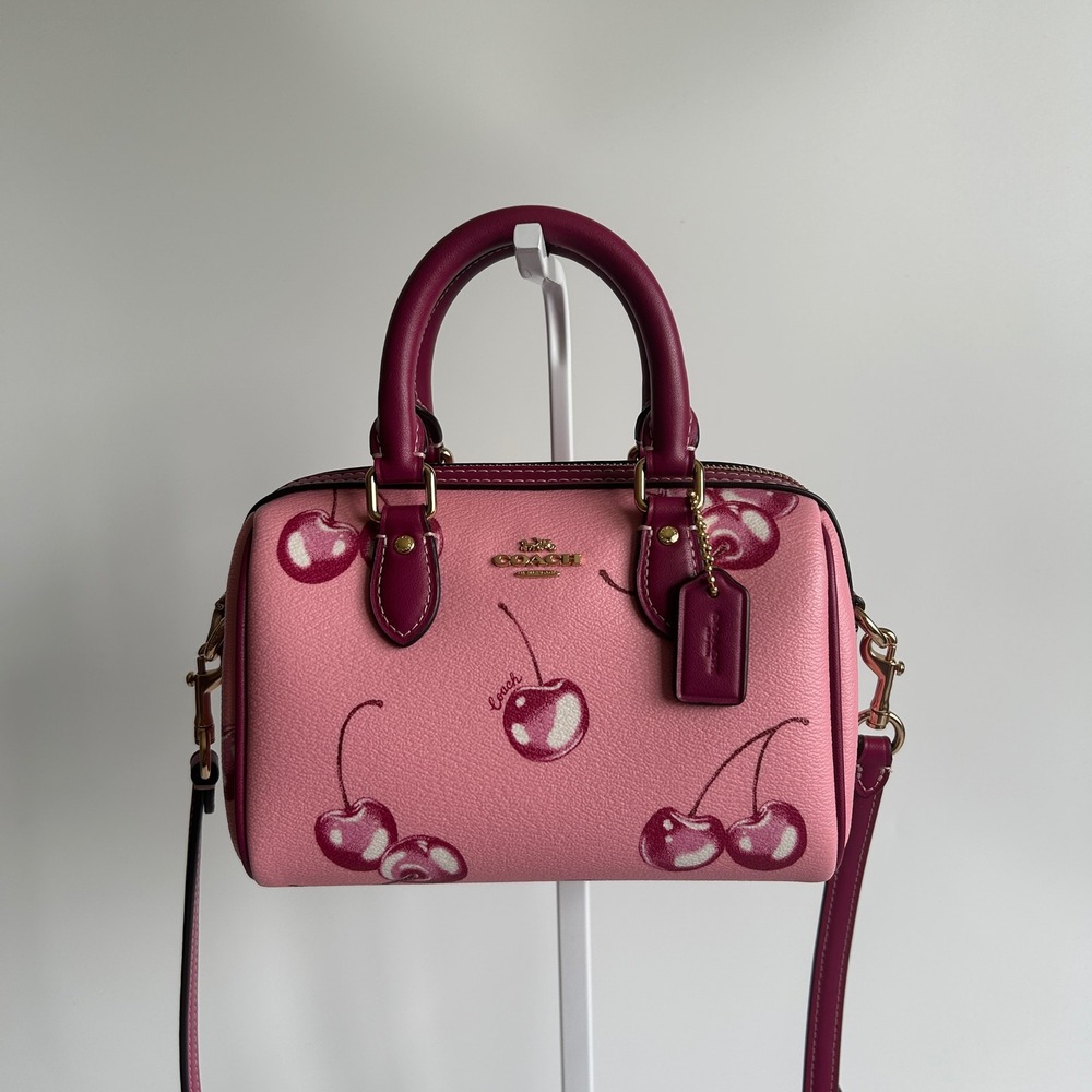 Coach Pink Cherry Print Satchel with Berry Trim